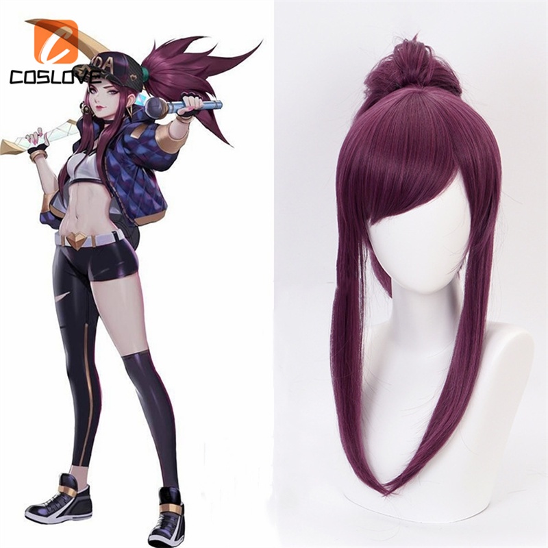 LOL เกมคอสเพลย์วิกผม KDA POP/STAR Akali คอสเพลย์วิกผมผู้หญิงยาวตรงวิกผมสีม่วง LOL KDA Akali KPOP SKI