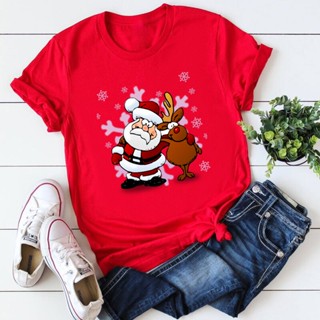 T-Santa and Reindeer Red Short Sleeve T Shirt Women Fashion Funny Xmas Animal Graphic Tee Shirts Femme Christmas Tops