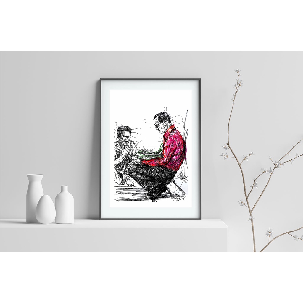 ภาพวาดในหลวง ร 9 เยี่ยมราษฎร์ LZ-K016  ภาพวาดลายเส้นปากกาหมึกซึม งานปริ้นท์เลเซอร์ - รูปที่ 2