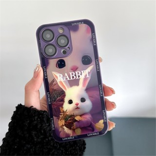 กระต่ายน่ารัก เคสไอโฟน 13 Pro Max 12 Pro Max เคสกระจกตัวป้องกันเลนส์กล้องด้านหลังการ์ตูนซิลิโคนนิ่มด้านข้างกระจกเทมเปอร์กันกระแทกการออกแบบแฟชั่น