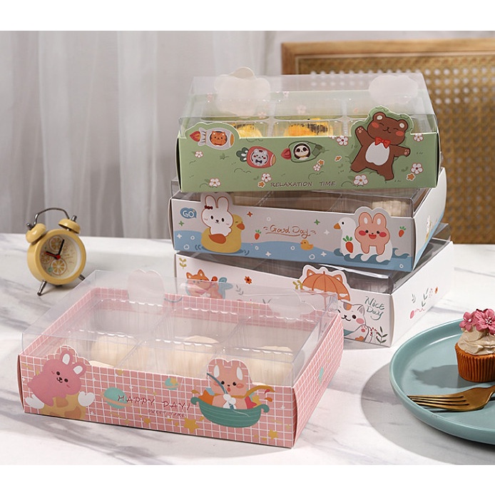 กล่องขนม 6ช่อง ขนมเปี๊ยะ คุ๊กกี้  พร้อมช่องใส่ขนมในตัวฝาใส(MOON71)