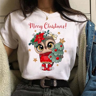 shirtCute Cartoon Owl Graphic Printed Tops Merry Christmas Women T-shirt Short Sleeve T-shirt White Tshirts