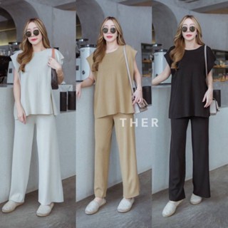 🚩ถ่ายจากสินค้าจริง นางแบบใส่สินค้าจริง🚩เสื้อไหมพรมทรงแขนล้ำ+กางเกง ther