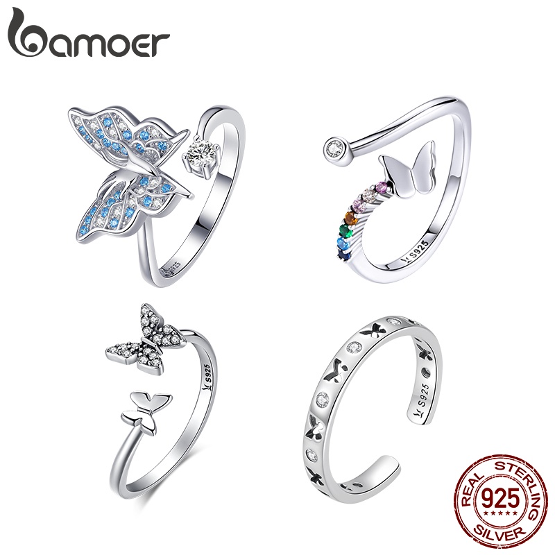 Bamoer แหวนเปิดปรับได้ 925 รุ่นผีเสื้อเงินสําหรับผู้หญิง Delicate Jewellery SCR734