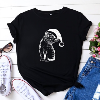 เสื้อยืดคริสต์มาส Women men top Christmas Cat Cotton   Short Sleeve  Tee Tshirt O-Neck T-Shirt