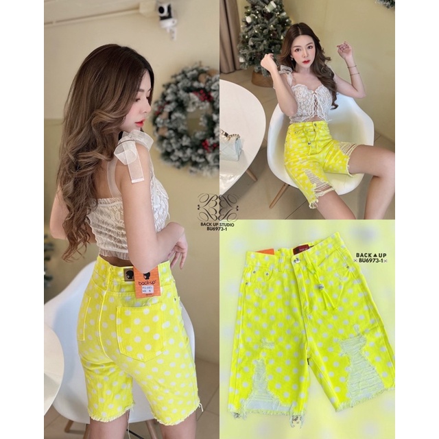 กางเกงยีนขาสั้นแต่งขาดเซอร์ลายจุดสีแซ่บๆทรงสวยใส่สบายผ้านิ่มมี2สี bu6973