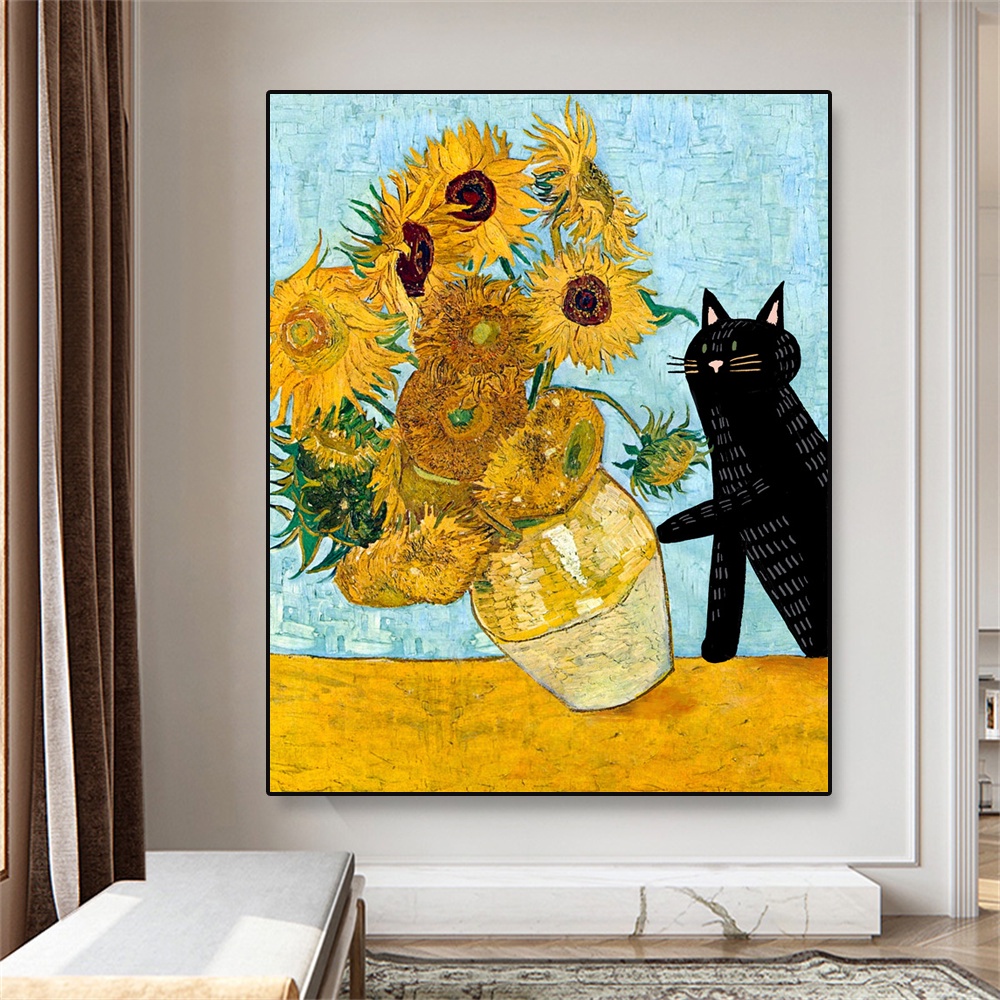 โปสเตอร์ภาพวาดสีน้ํามัน รูปดอกทานตะวัน Van Gogh's สีดํา สไตล์โมเดิร์น สําหรับตกแต่งห้องนอน ห้องนั่งเล่น