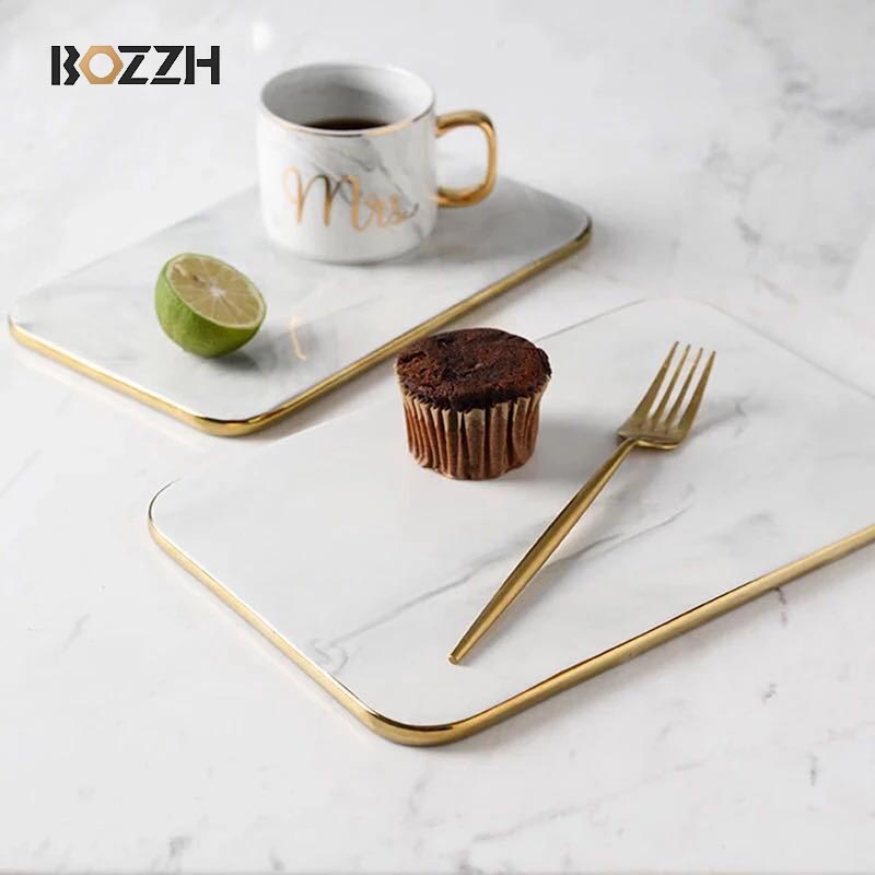 BOZZH Marble Chopping Board Ceramics Pizza Plate Flat Rectangle Tray Steak Dish For Bread Tableware