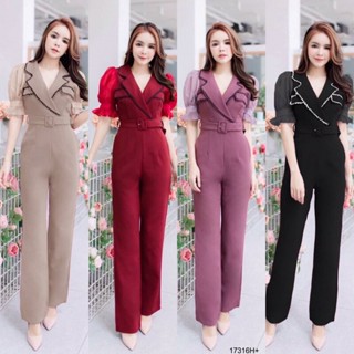 BG17316 Jumpsuit จั้มสูท ขายาว คอปก แต่งริบบิ้นหยัก ทรงแขนพองผ้าแก้ว เข็มขัดปั้ม งานสุดหรู ทรงเข้ารูปสวย