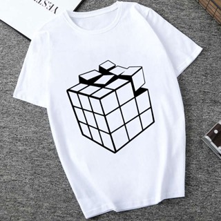 ถูกที่สุด  Cube Printed Line Square White Short-sleeved Fashion Casual All-match Top Round Neck Comfortable
