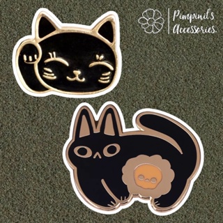 🇹🇭 พร้อมส่ง : 🐱🍳 เข็มกลัดเซ็ทแมวดำกวักญี่ปุ่นและไข่ดาว | Black Maneki Neko &amp; Fried Egg Enamel Brooch Pin Set.