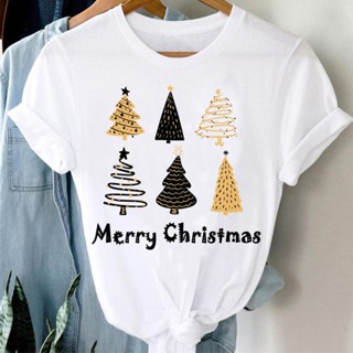 T-Women Happy New Year Fashion 90s Cute Xmas Tree Print Merry Christmas Tshirts Trend Tee Travel T Shirt Top Graphic T-