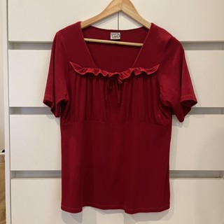 เสื้อสาวอวบ เสื้อเปิดพุง เสื้อแขนพอง เสื้อเกลียวหน้า ผูกโบว์ ตรุษจีน เสื้อครอปสาวอวบ ผ้ายืดมากก สีแดง เสื้อคริสมาสต์
