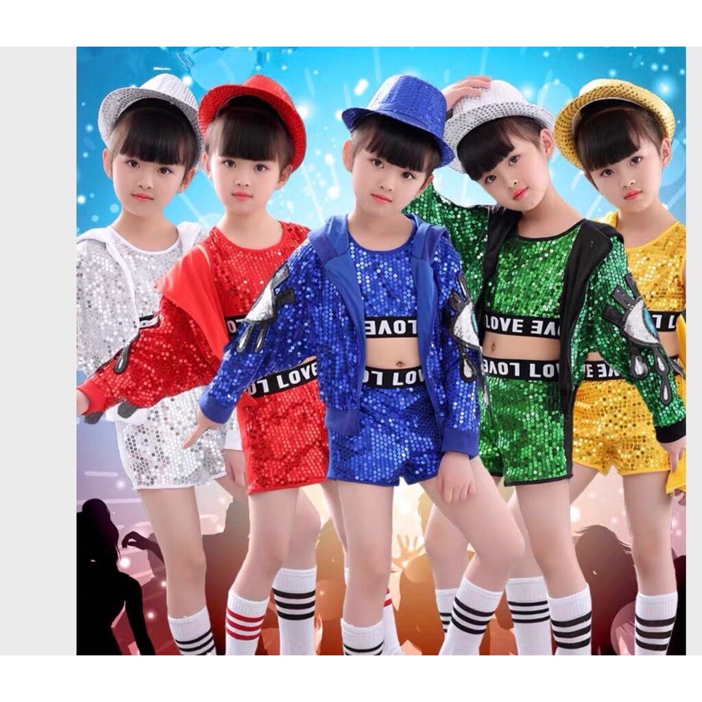 ชุดเต้น ชุดแดนซ์ ฮิปฮอป ปักเลื่อม ขาสั้น พร้อมแจ็คเก็ตฮูด
