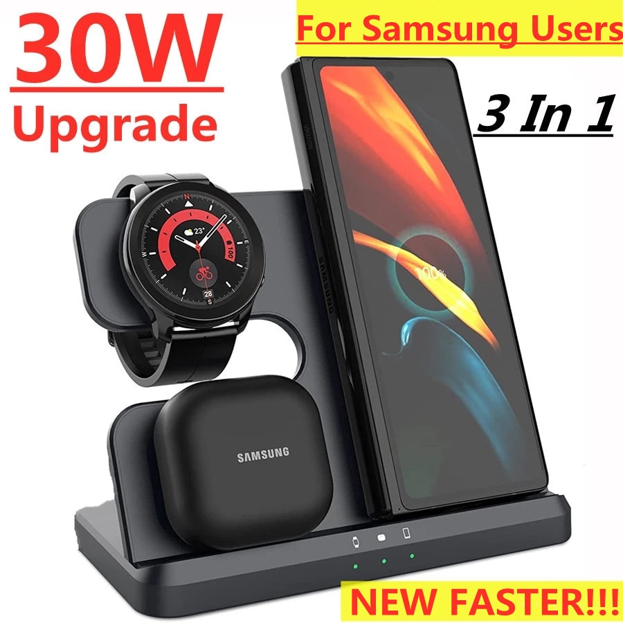 แท่นชาร์จไร้สาย 30W 3-in-1 สําหรับ Samsung Z Fold 3 S21 S20 Galaxy Watch 5 4 3 Active 2 S3 S4 Buds