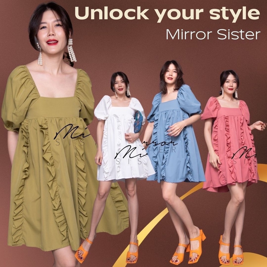 ป้าย Mirrorsister ​21123.5 เดรสทรงน่ารักแขนพองตุ๊กตา คอสี่เหลี่ยมสวย แพทเทรินเดรสทรงA ด้านหน้าแต่งระบายแนวตั้งเก๋ไก๋