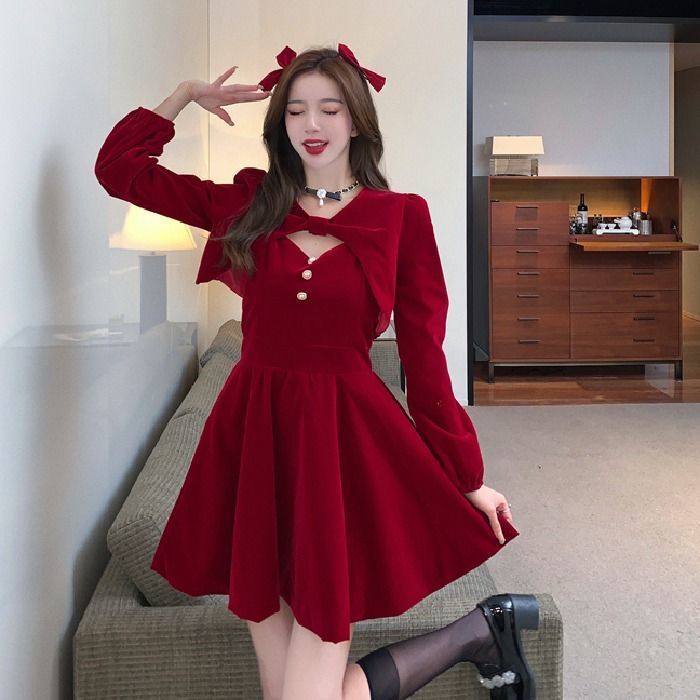 S-3XL เวอร์ชั่นเกาหลีบวกขนาดผู้หญิงสีแดง/ดำกำมะหยี่ชุดกระโปรงฤดูหนาวอารมณ์คริสต์มาสเสื้อคลุมฟั่นเอว A ชุดย่อยสองชิ้น