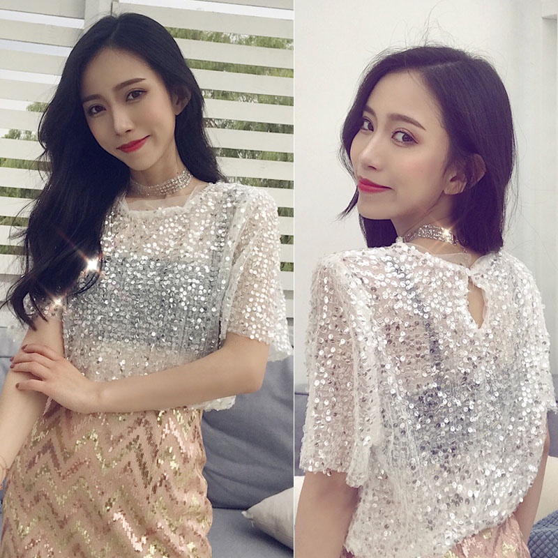 Glitz glamour เสื้อยืด ผ้าตาข่าย ปักเลื่อม ทรงหลวม สไตล์เกาหลี พลัสไซซ์ สําหรับผู้หญิง AIXIN
