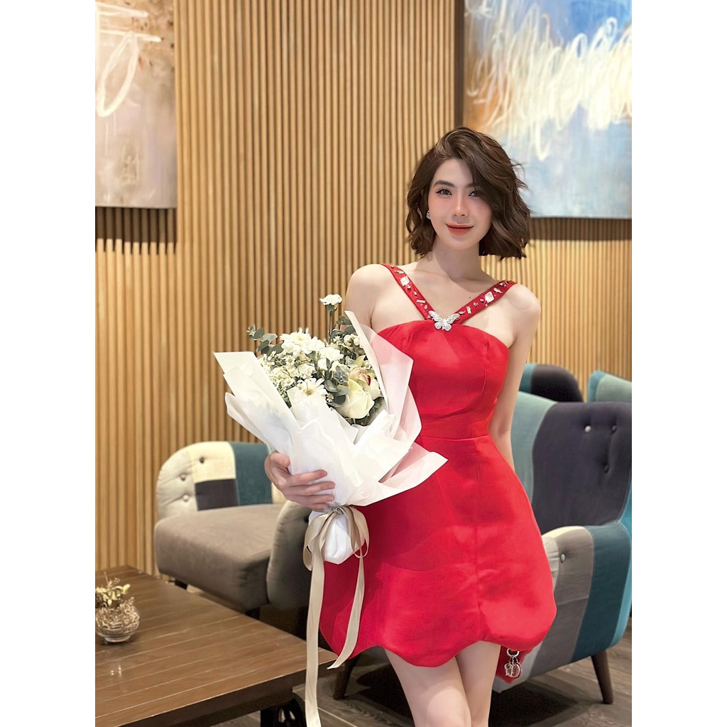 ชุดเดรสปาร์ตี้คอปกบานพร้อม Rhinestones และคอตัดมุม - 3 สี แดง ขาว ดํา - ผ้าแทฟต้าขูด - รหัส ETA22