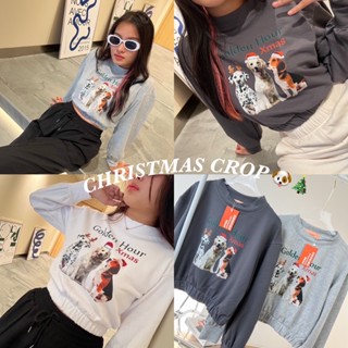 CHRISTMAS CROP🐶 พร้อมส่ง เสื้อสเวตเตอร์แขนยาว เสื้อครอปเอวจั้มแขนยาว เสื้อคริสต์มาส เสื้อลายหมาโกเด้น