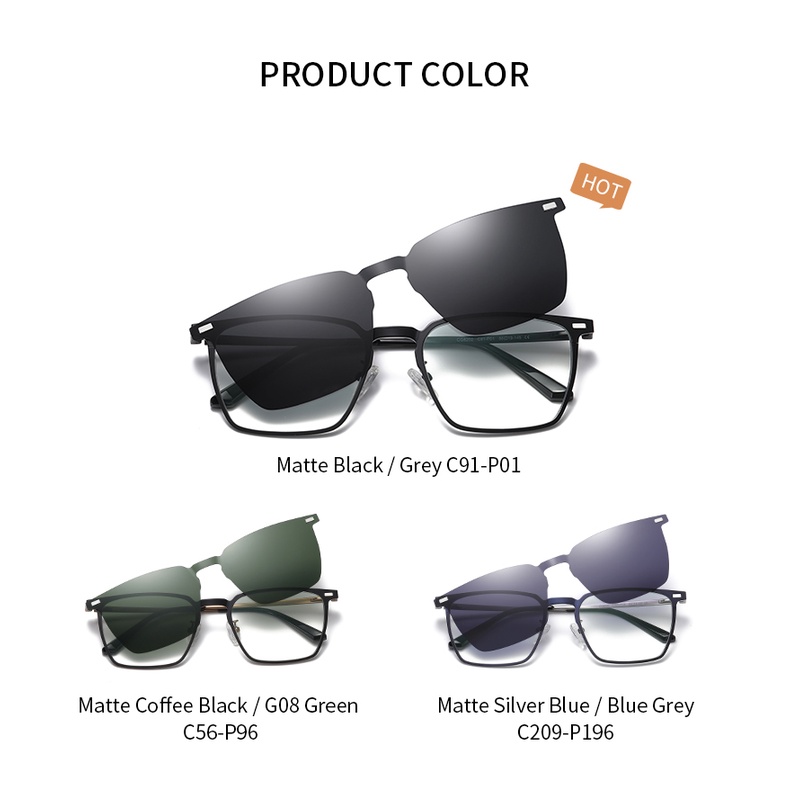 ใหม่ 2 in 1 แว่นตากันแดด เลนส์โพลาไรซ์ กรอบสี่เหลี่ยม พราว สีฟ้า แว่นแม่เหล็ก ดูดซับกระจก หนึ่งกระจก แว่นกันแดด อเนกประสงค์