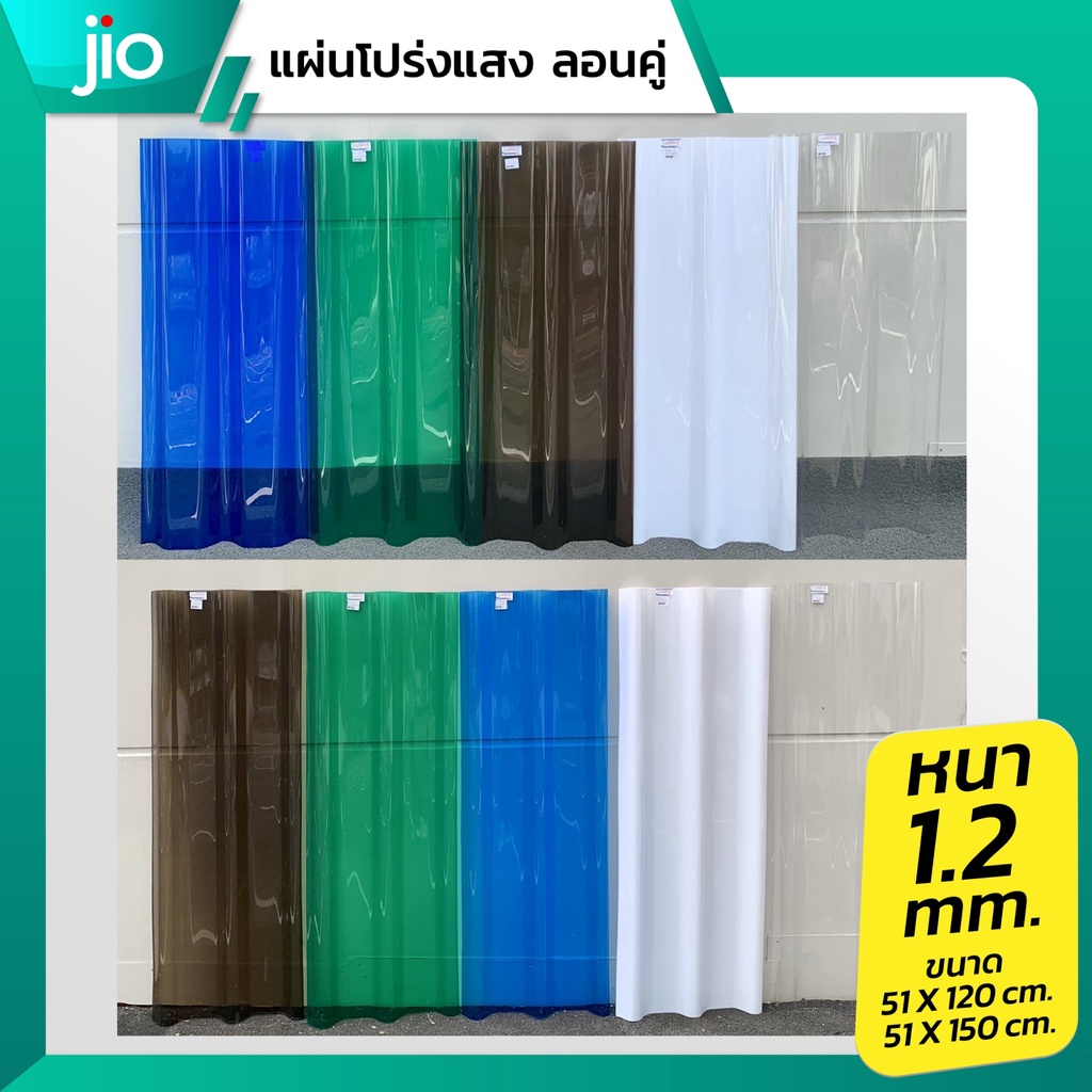 Jio แผ่นใส-กระเบื้องหลังคาโปร่งแสง ลอนคู่ เนื้อโพลีคาร์บอเนต/โพลิเมอร์ ทนทาน หนา 1.2 มี 2 ขนาดยาว 12