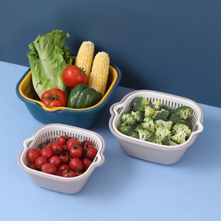 Double-layer Drain Basket Six-piece Set Thickened Kitchen Washing Vegetable Fruit Drain Basket Wash Basin Set Strainer B