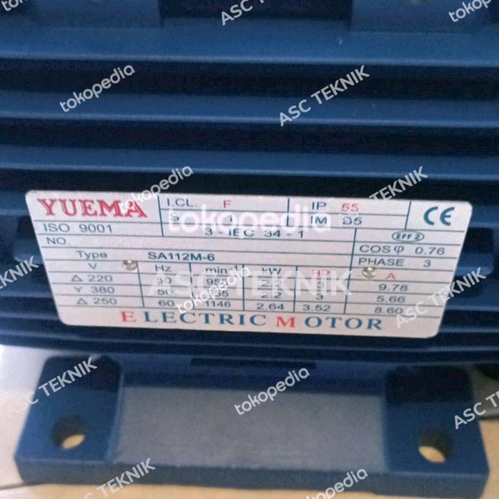 มอเตอร์ไฟฟ้า YUEMA SA 6P 2.2KW 3HP 3PHASE 380V B3 DINAMO ELECTRO ของแท้