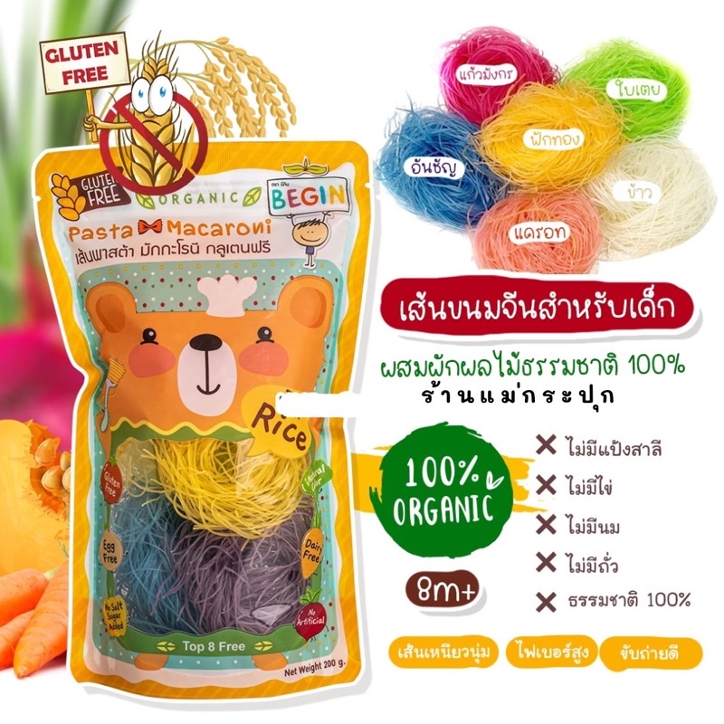 พร้อมส่ง Begin Baby Food เส้นขนมจีน เด็กน้อย 8M+ ผสมผักผลไม้ 100% เส้นข้าวออแกนิค กลูเตนฟรี ไร้เคมี นุ่ม อร่อย ต้มง่าย