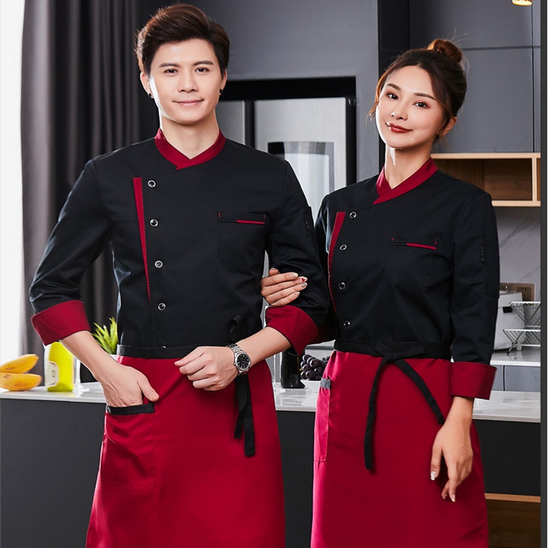 Unisex Hotel Chef Uniform แขนยาวสีดําปรับแต่งโลโก้ผ้าฝ้าย Chef Jacket