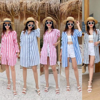 Mini dress shirt 💕💙 เดรสเชิ้ตแขนยาวลายริ้วหน้าสั้นหลังยาว ชุดเดรสสั้นใส่ได้ทุกโอกาส