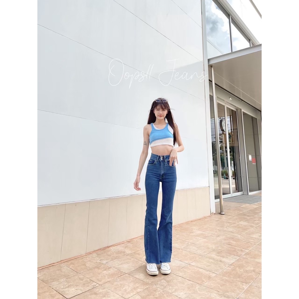[Code:L9E6B ลด25.-]  Oops Jeans 🎯 กางเกงยีนส์เอวสูงขาม้าผ้ายืด สีเข้มสโนว 2 กระดุม