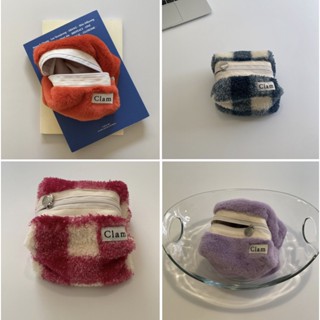 Clam round fur pencilcase pouch - checkerboard blue green orange pink purple korea