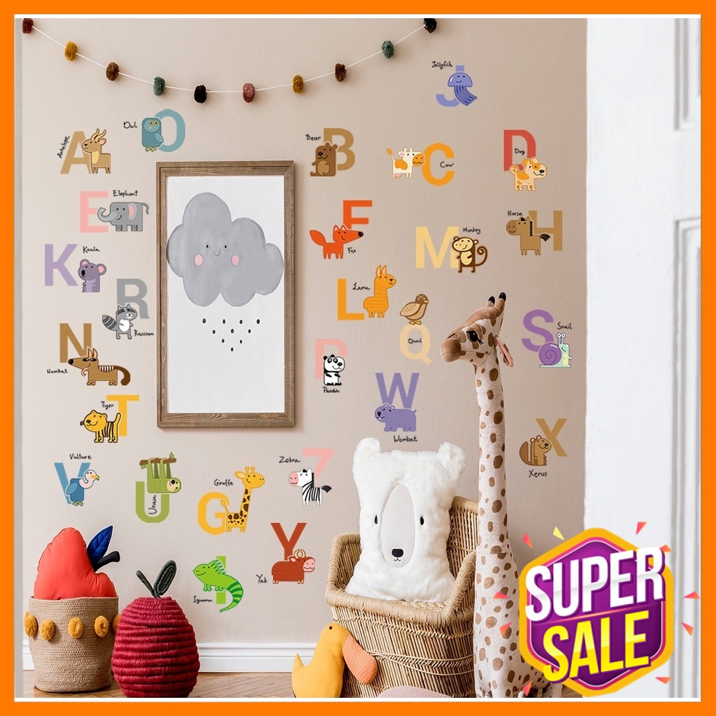 [ขายดี] สติกเกอร์ติดผนัง ลายการ์ตูนสัตว์ภาษาอังกฤษ ABC เพื่อการเรียนรู้ สําหรับเด็กอนุบาล