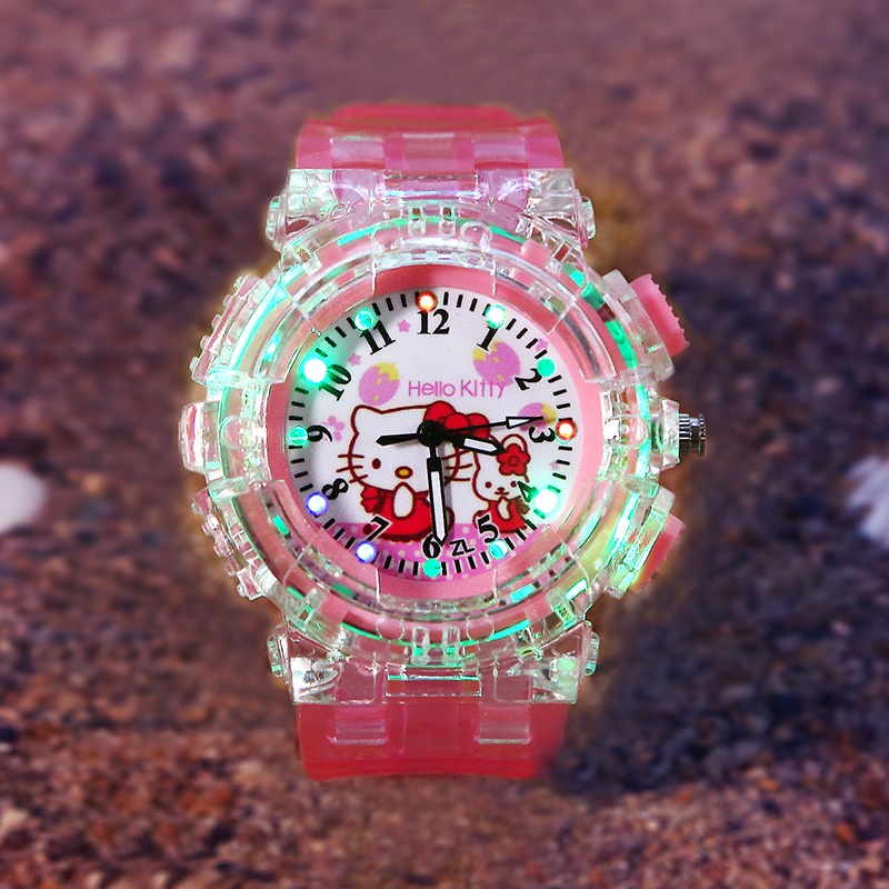 นาฬิกาข้อมือเด็กการ์ตูน Hello Kitty ซิลิโคนไฟ LED หลากสี แฟลชสําหรับเด็กชายหญิง