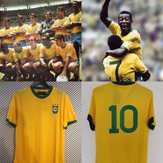 เสื้อกีฬาแขนสั้น ลายทีมชาติบราซิล 1970 World Cup ชุดเยือน สไตล์เรโทร เสื้อกีฬาแขนสั้น ลายทีมชาติฟุตบอล Jersey Pele 10 ชิ้น