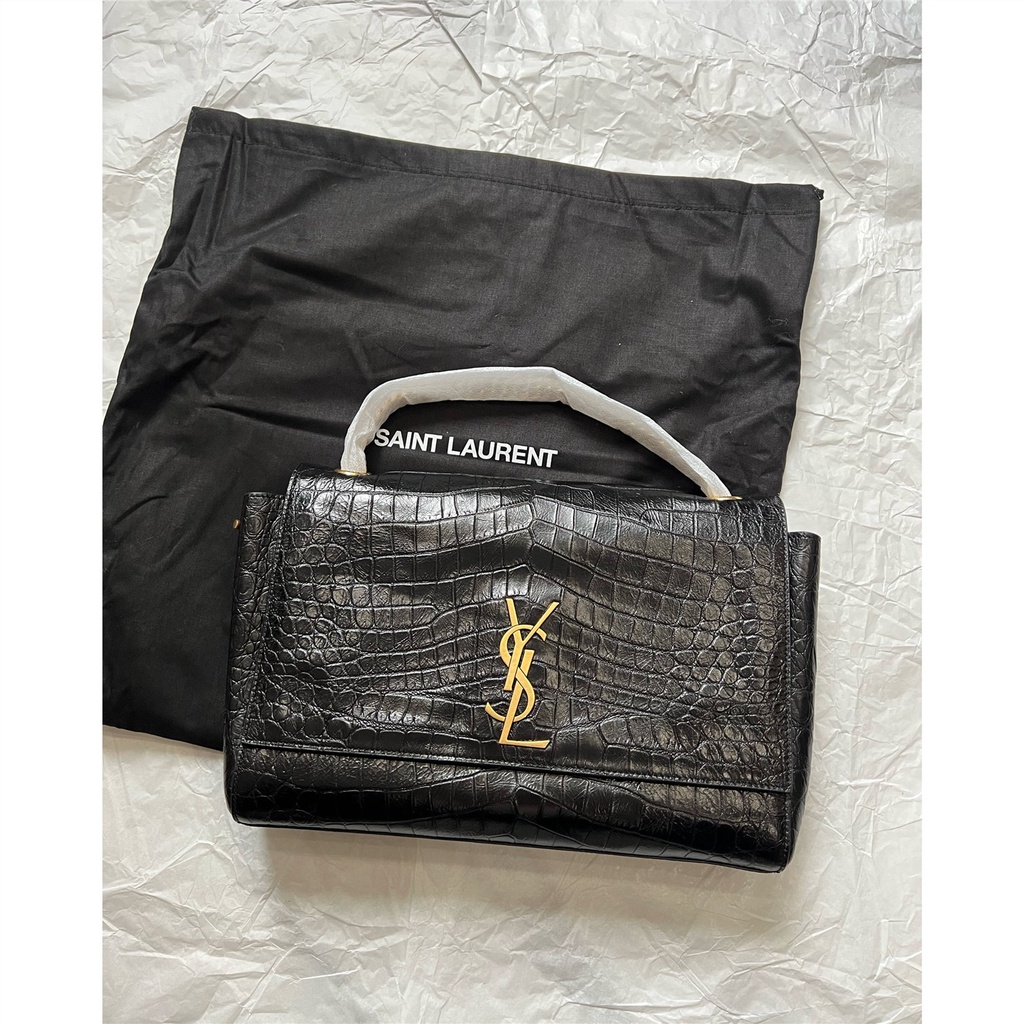 Spot YSL Saint Laurent Kate กระเป๋าหนังกลับจระเข้สีดำสองด้านสะพายเฉียงไหล่ข้างเดียวสีน้ำตาล