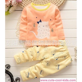 PJK-113 ชุดนอนเด็ก ผ้าหนาสีส้ม ลายแมว Size-110 (4-5Y)