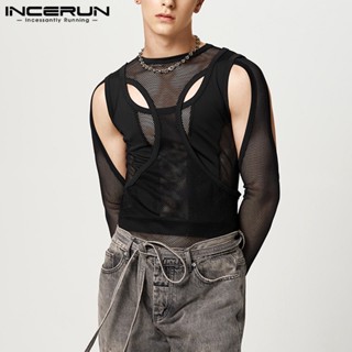 Incerun เสื้อยืดซีทรู แขนยาว เซ็กซี่ ฉลุลาย สําหรับผู้ชาย