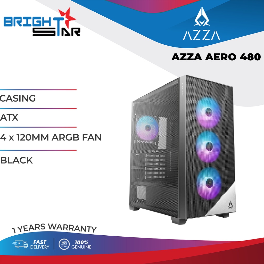 เคส PC / AZZA AERO 480 / BLACK / ATX / 4x120 มม. ARGB FAN / รับประกัน 1 ปี /