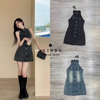 เดรสยีนส์ฟอกแขนกุดคอปก กระดุมหน้า (C078) Alinda