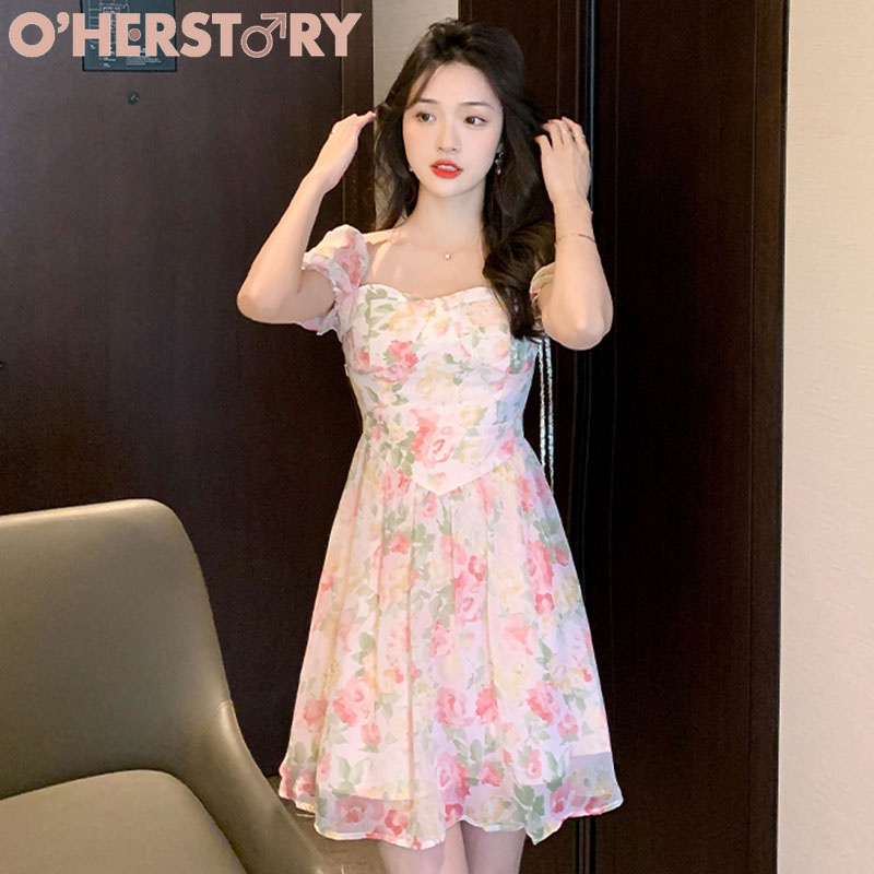 พร้อมส่ง เสื้อผ้าผู้หญิงคอเหลี่ยม มินิเดรสพิมพ์ลาย มินิเดรสโชว์หลังน่ารักๆ ชุดเดรสสีชมพูพิมพ์ลาย
