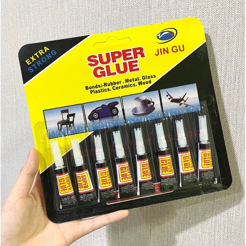 8 หลอด‼️กาวร้อน กาวติดป้าย พลาสติก ยาง โลหะ  เซรามิก ไม้ หนัง หินต่างๆ Super Glue 3g. กาวตราช้าง