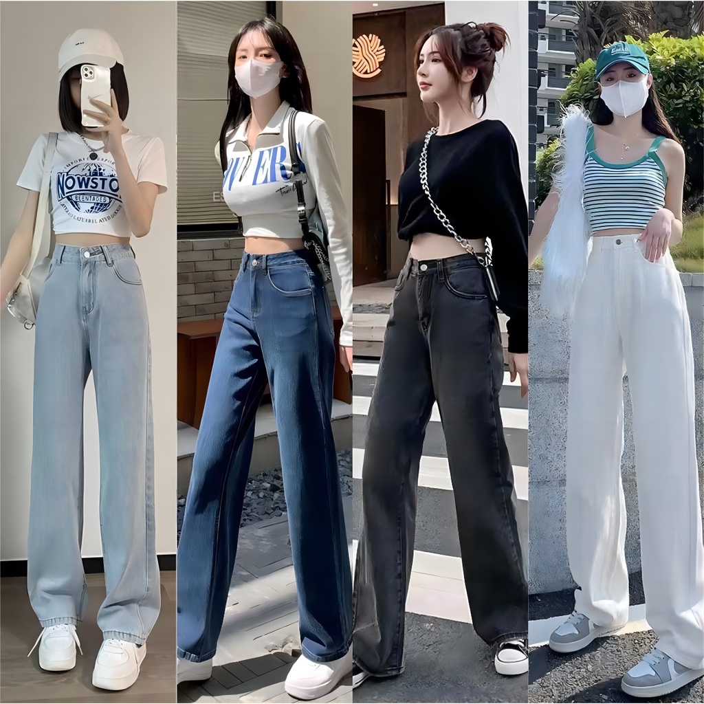 Fashion มีไซซ์ S-2XL กางเกงยีนส์ เอวสูง สไตล์เกาหลี แนววินเทจ เท้ากว้าง กางเกงยีนส์ขายาว