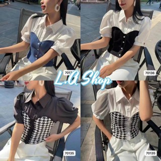 L.A shop พร้อมส่ง เสิ้อคอปกเชิ้ต+ไหมพรมครึ่งตัว แขนสั้น ลายเรียบกับลายชิโนริ "70135/70136/FY70141"