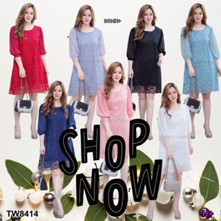 TwinsShopVip💗พร้อมส่ง TW8414 เดรส (สาวอวบ) ลูกไม้แขนชีฟอง Dress (chubby girl) lace chiffon sleevesDress (chubb