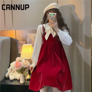 CANNUP ชุดเซ็ท 2 ชิ้น ชุดสีแดง ปีใหม่ แขนยาว กระโปรงสั้น Dresses A22M04T