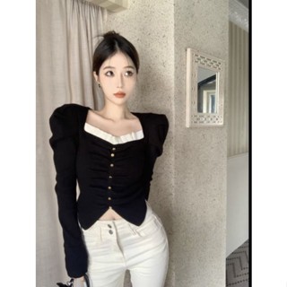 เสื้อยืดเเขนยาว ขอบอกตัดผ้าเเก้วสีครีม สวยหรู