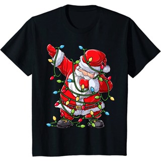 T-Shirt เสื้อยืดผ้าฝ้ายย้อนยุคพิมพ์ลาย Dabbing Santa Christmas Tree สําหรับผู้ชาย ชุดคริสต์มาสใหม่ qf