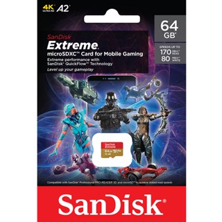 SanDisk Extreme microSDXC Card V30 U3 A2 64GB 170MB/s R, 80MB/s W (SDSQXAH-064G-GN6GN) Mobile Gaming Lifetime Limited